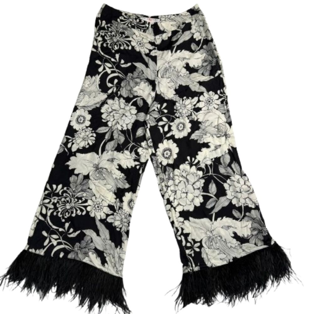 Trina Turk Ostrich Feather Trimmed Jacquard Black & White Pants Size 6